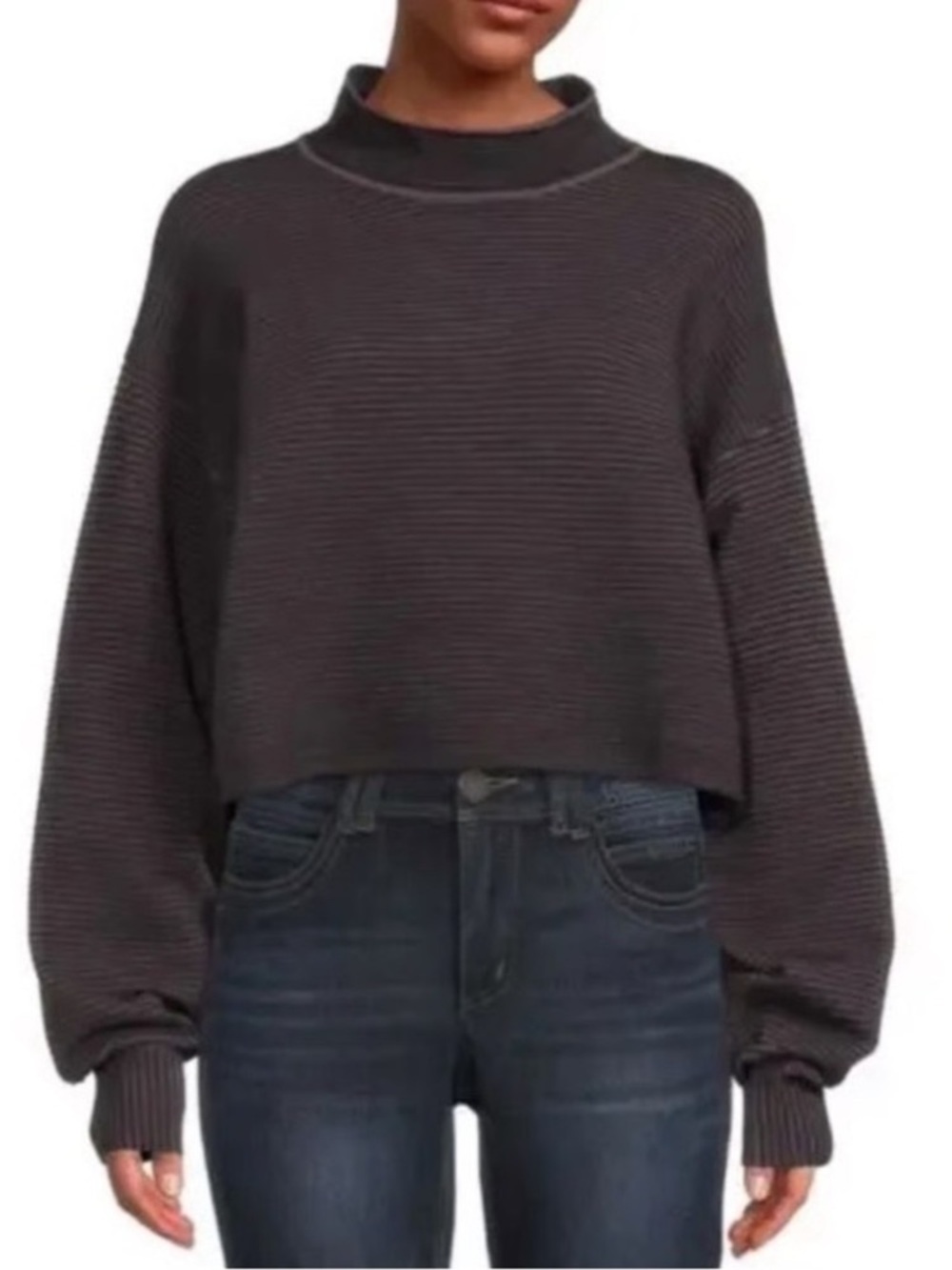 Good American Boxy Mockneck Ribbed Gray Black Top Size 3